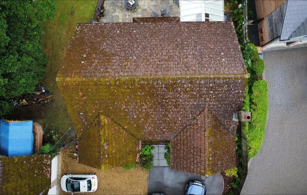 Moss-covered tiled roof before work